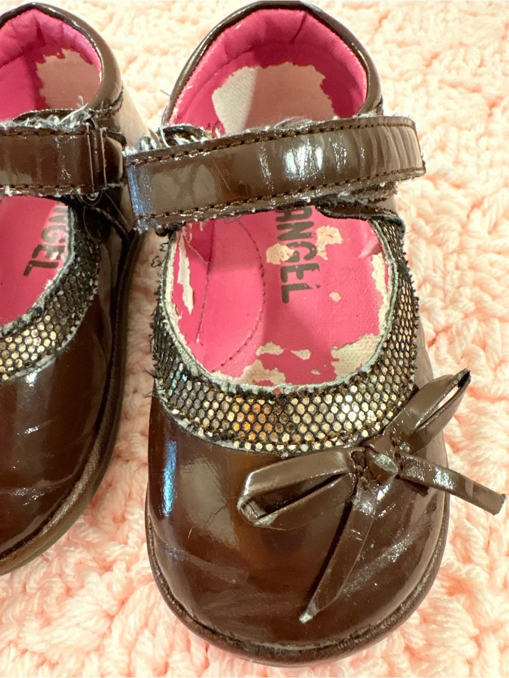 Angel Girls Patent Mary Jane Dress Shoes in Dark Brown with Pink Lining